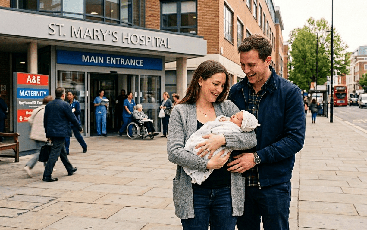 A young couple smiling while holding their newborn baby outside the maternity unit entrance of a London hospital. Representing families supported by Gregory Abrams Davidson Solicitors (Liverpool, London, Wirral) in maternity negligence and birth injury claims.