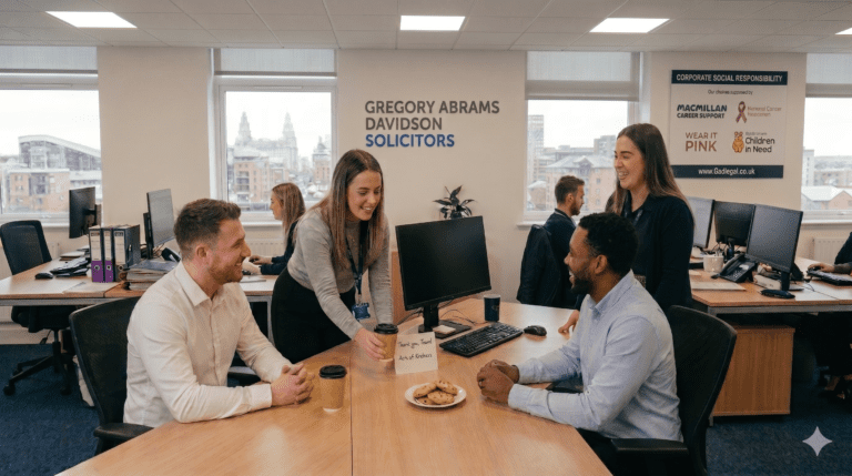 A candid photograph taken inside the modern, open-plan office of Gregory Abrams Davidson Solicitors. Five diverse employees are visible. Two men are seated at a wooden desk in the foreground, smiling at a woman in a grey sweater who is offering one of them a coffee cup from a tray, which also holds a small sign reading 'Thank You, Team! Acts of Kindness' and a plate of cookies. Another woman is standing to the right, smiling and looking down, and another employee is working in the background by the window. The company logo is prominently displayed on a large white wall panel, alongside a window view of a city skyline with historic and modern buildings, a '45 Years 1980 - 2025' plaque, and a 'CORPORATE SOCIAL RESPONSIBILITY' poster listing charity support logos (Macmillan, Wear It Pink, Children in Need). The office has neat desks, multiple computers, and bright overhead panel lighting.