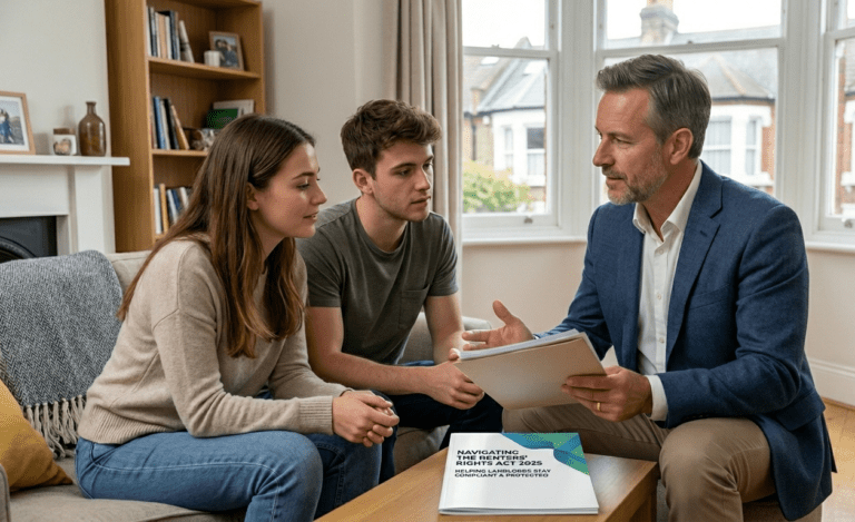 Legal professional discussing the Renters’ Rights Act 2025 with a landlord on a London street.